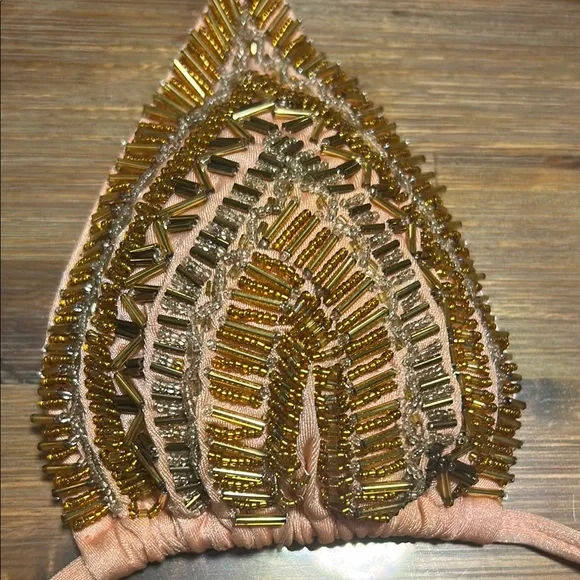 Luxurious Pink and Gold Triangle Swim Bra with Beadwork - Picture 5 of 8